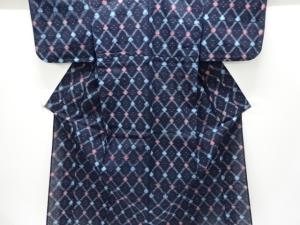 アンティーク　木綿本場久留米絣　斜め格子に抽象模様単衣着物